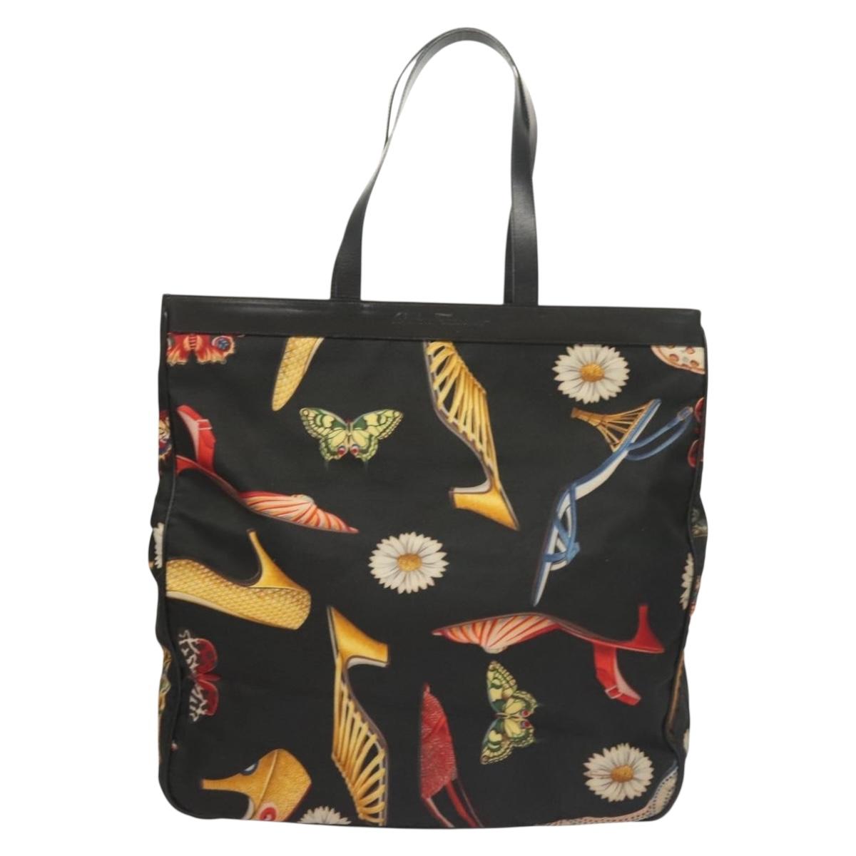 Salvatore Ferragamo Tote Bag Canvas Black Gold Auth bs28309
