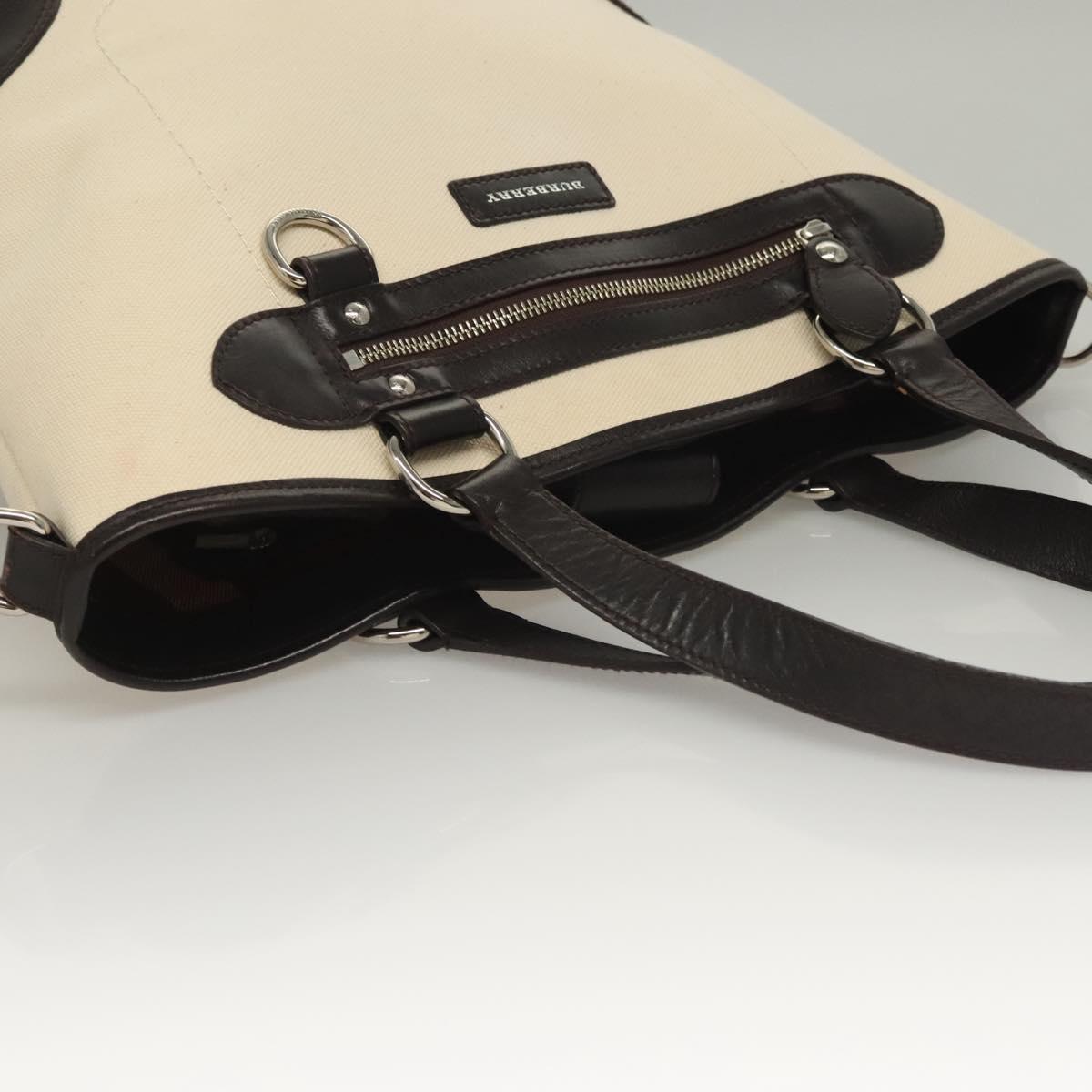 BURBERRY Tote Bag Canvas Leather White Silver Auth bs28323