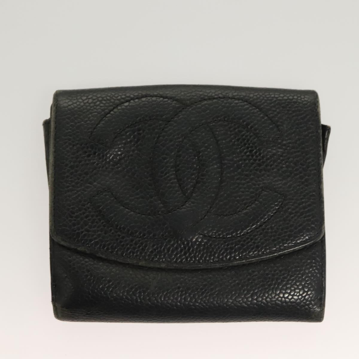 CHANEL Pouch Nylon Caviar Skin 2 Set Black Silver CC Auth bs28342
