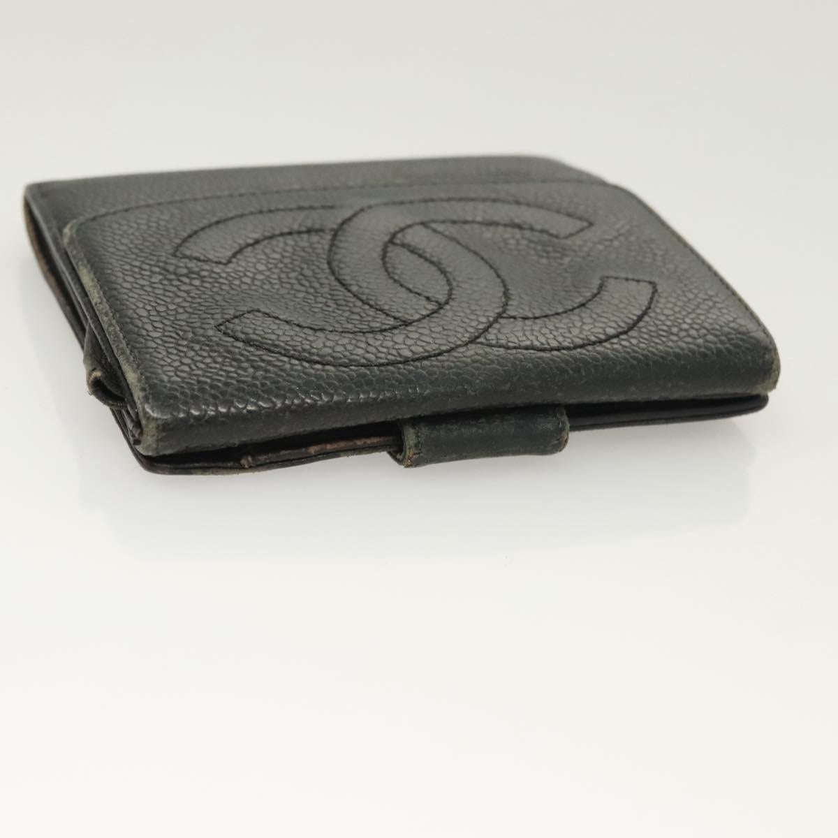 CHANEL Pouch Nylon Caviar Skin 2 Set Black Silver CC Auth bs28342