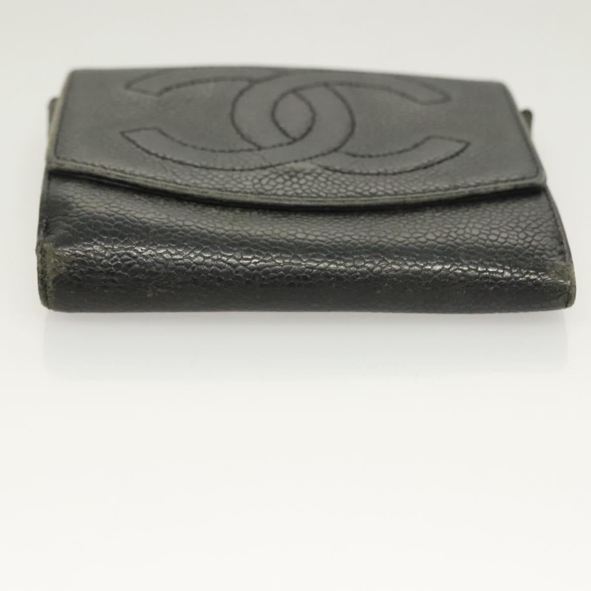 CHANEL Pouch Nylon Caviar Skin 2 Set Black Silver CC Auth bs28342