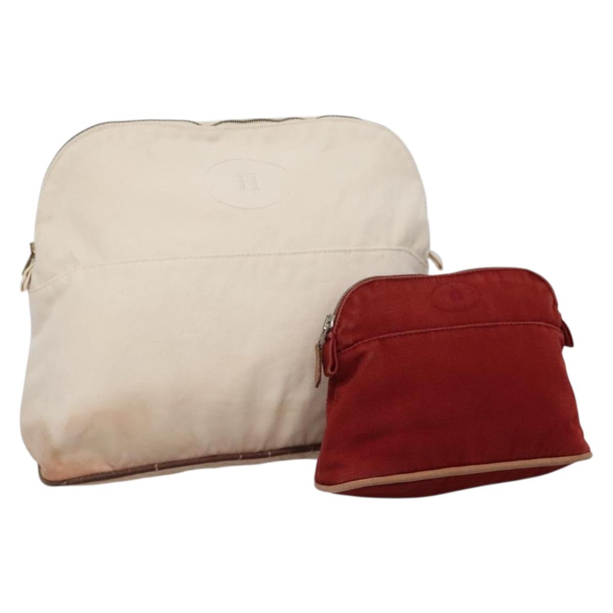 HERMES Bolide Pouch Canvas 2Set Beige Red Silver Auth bs28345
