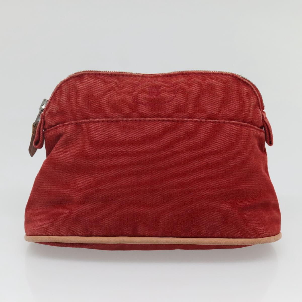 HERMES Bolide Pouch Canvas 2Set Beige Red Silver Auth bs28345