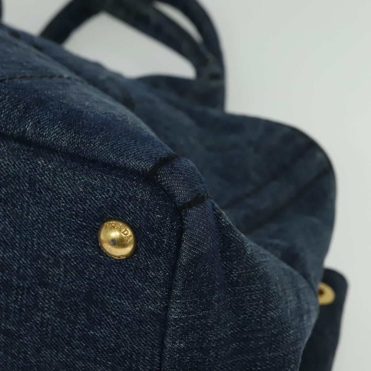 PRADA Canapa MM Hand Bag Denim Blue Gold Auth bs28391