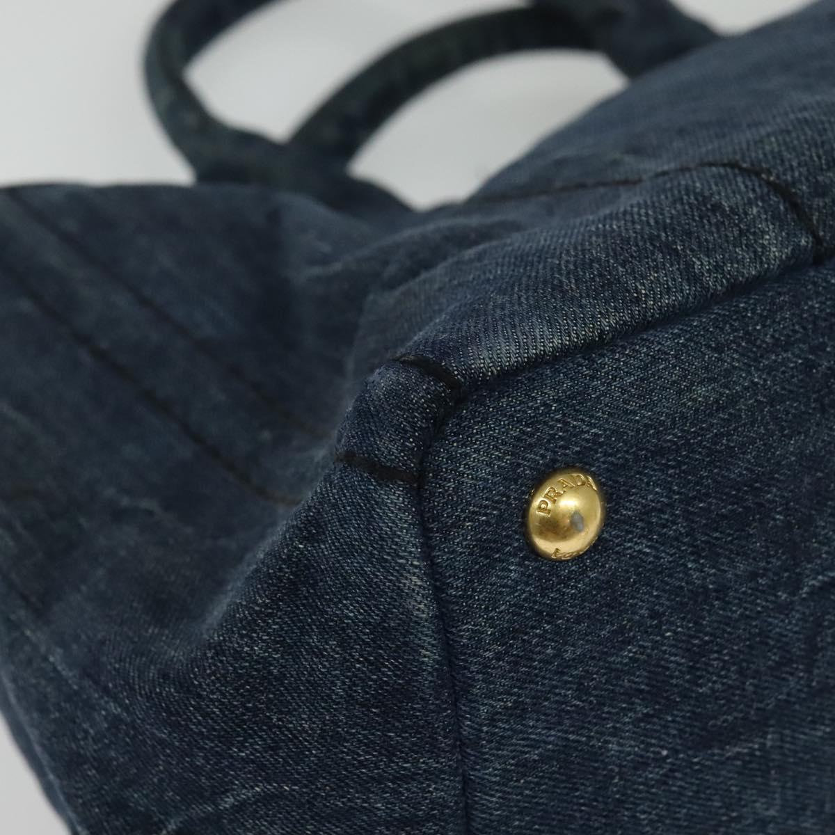 PRADA Canapa MM Hand Bag Denim Blue Gold Auth bs28391