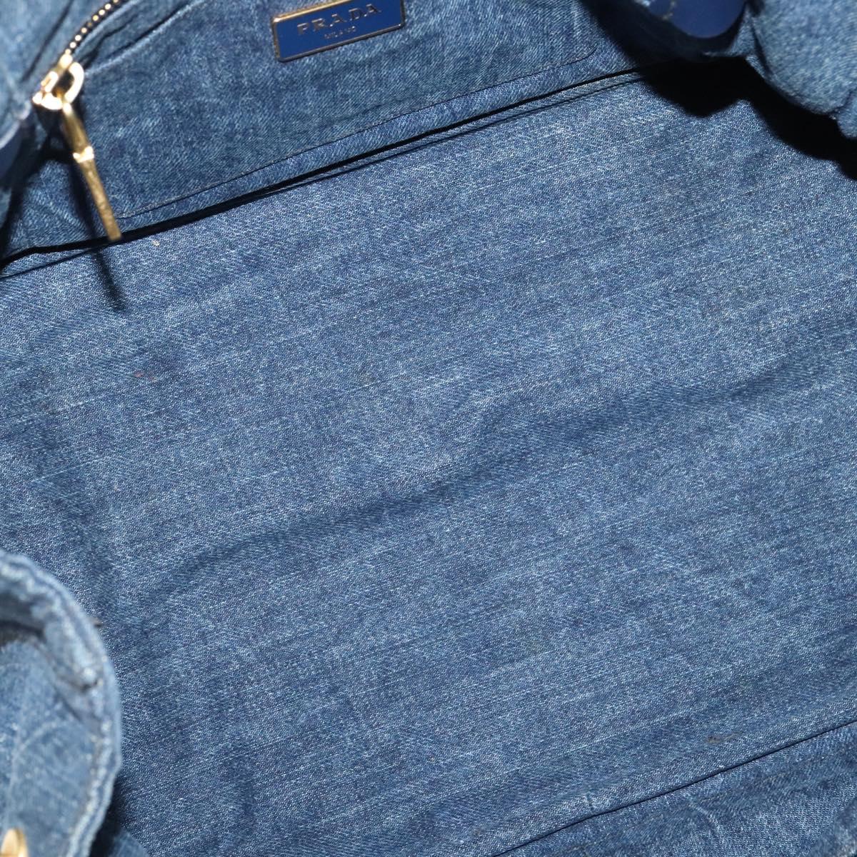 PRADA Canapa MM Hand Bag Denim Blue Gold Auth bs28391