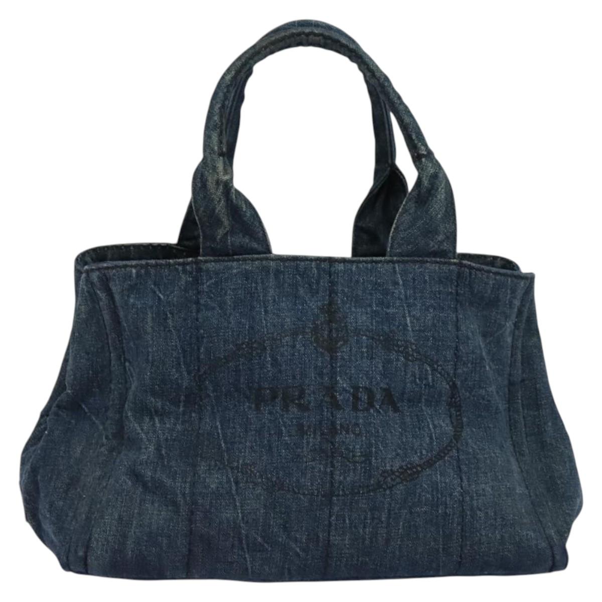 PRADA Canapa MM Hand Bag Denim Blue Gold Auth bs28391