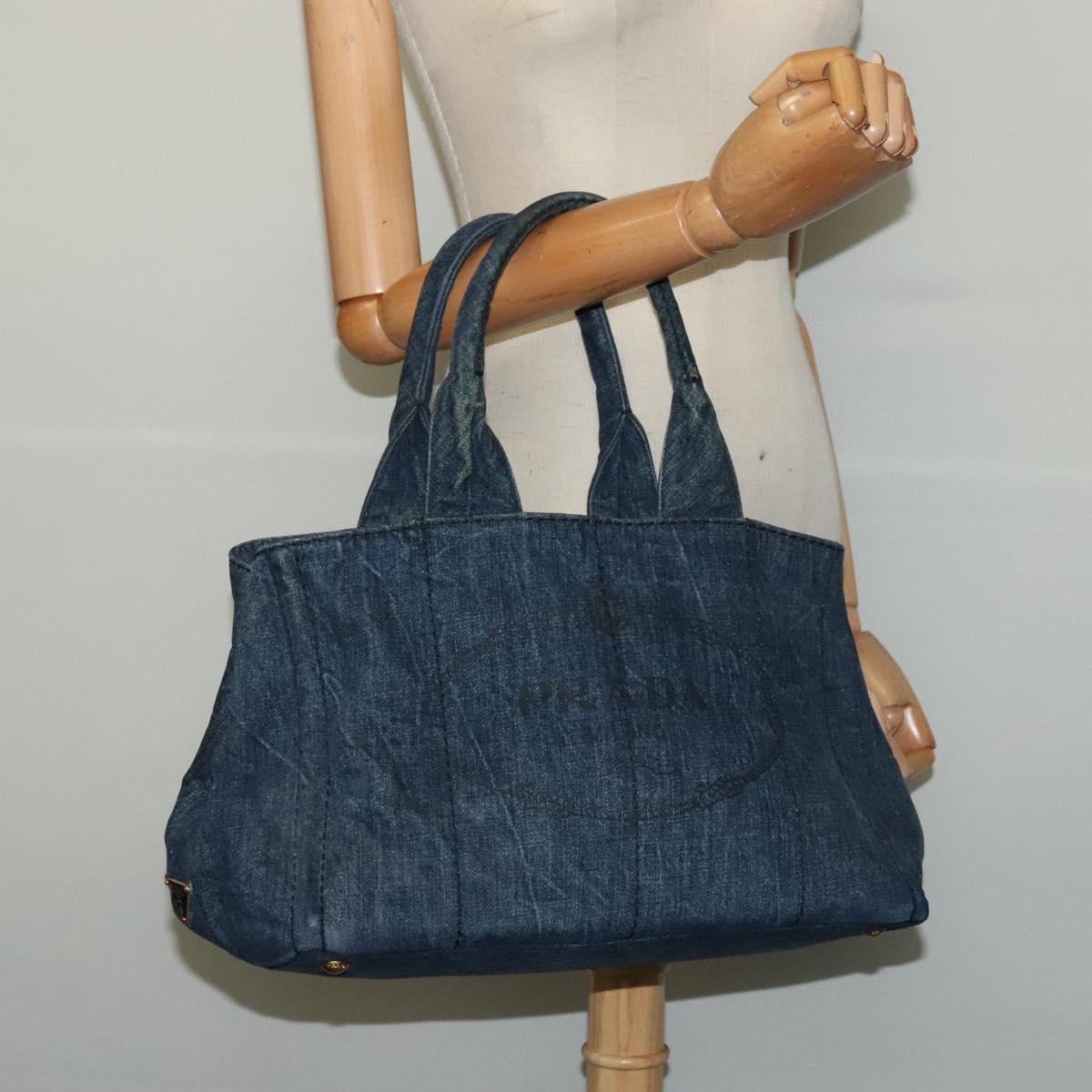 PRADA Canapa MM Hand Bag Denim Blue Gold Auth bs28391