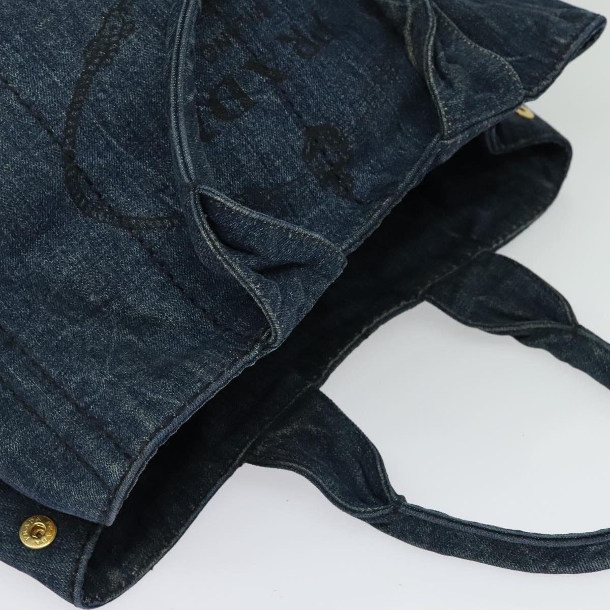 PRADA Canapa MM Hand Bag Denim Blue Gold Auth bs28391