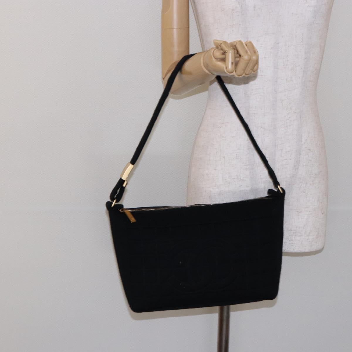 CHANEL Choco Bar Shoulder Bag Cotton Black Gold CC Auth bs28407