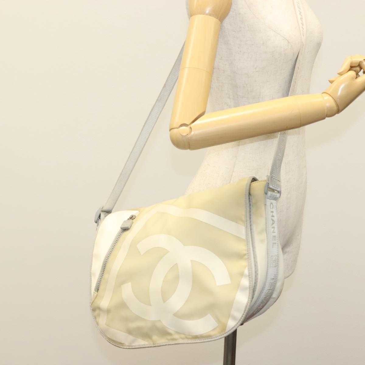 CHANEL Sports Shoulder Bag Nylon Beige Silver CC Auth bs28420