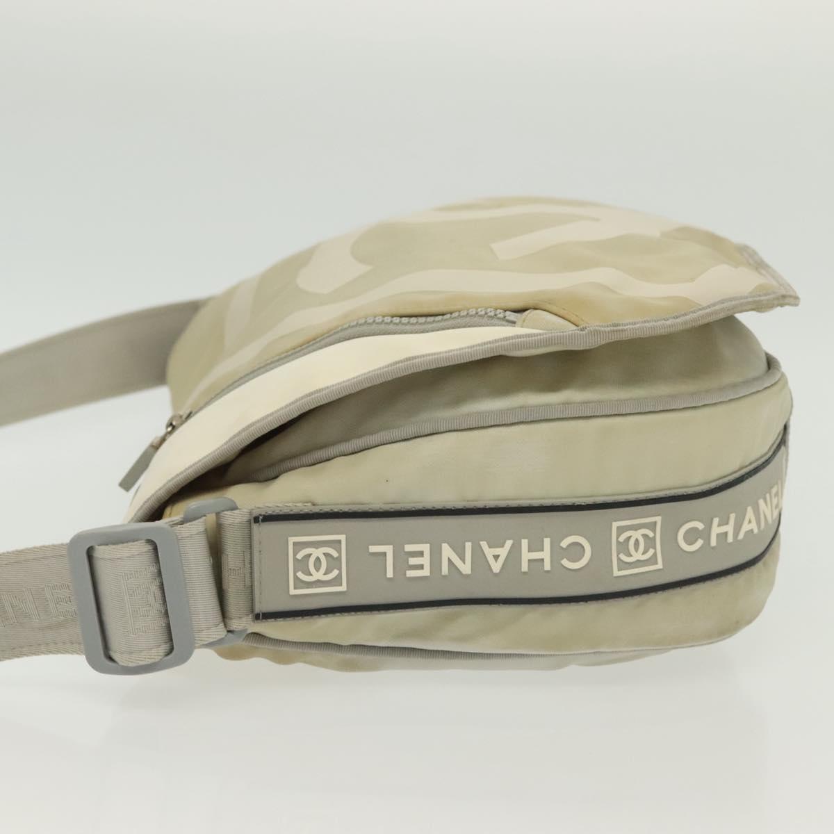 CHANEL Sports Shoulder Bag Nylon Beige Silver CC Auth bs28420
