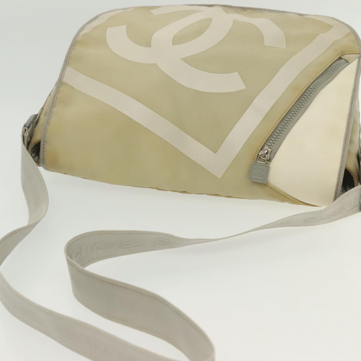CHANEL Sports Shoulder Bag Nylon Beige Silver CC Auth bs28420