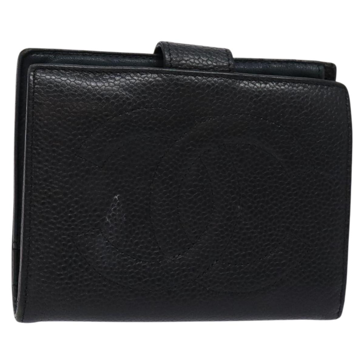 CHANEL Bifold Wallet Caviar Skin Black Gold CC Auth bs28503