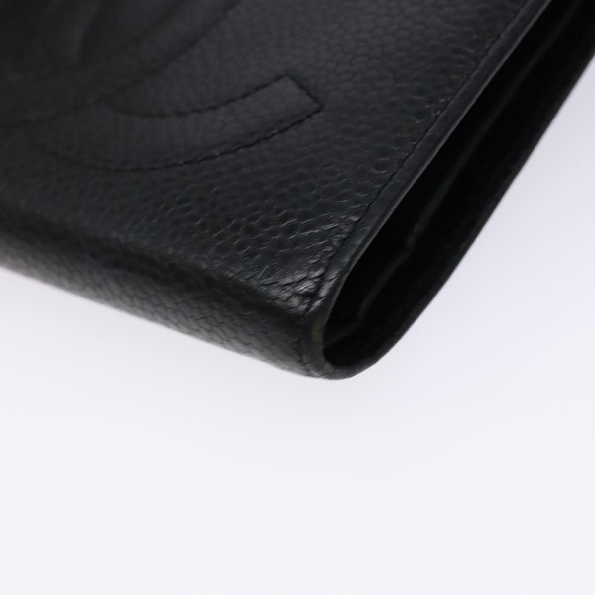CHANEL Bifold Wallet Caviar Skin Black Gold CC Auth bs28503