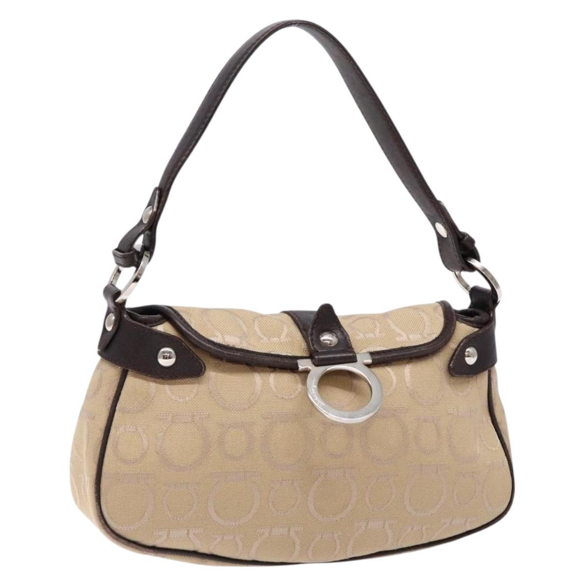 Salvatore Ferragamo Gancini Hand Bag Canvas Beige Silver Auth bs28514