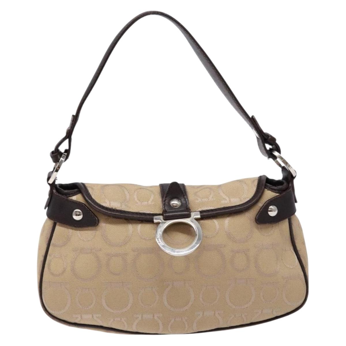 Salvatore Ferragamo Gancini Hand Bag Canvas Beige Silver Auth bs28514