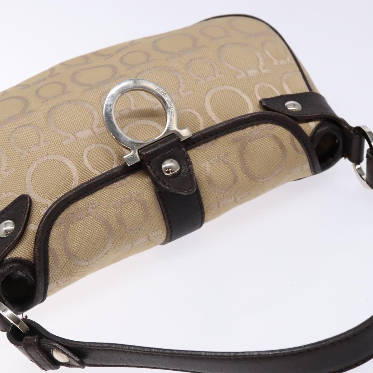 Salvatore Ferragamo Gancini Hand Bag Canvas Beige Silver Auth bs28514