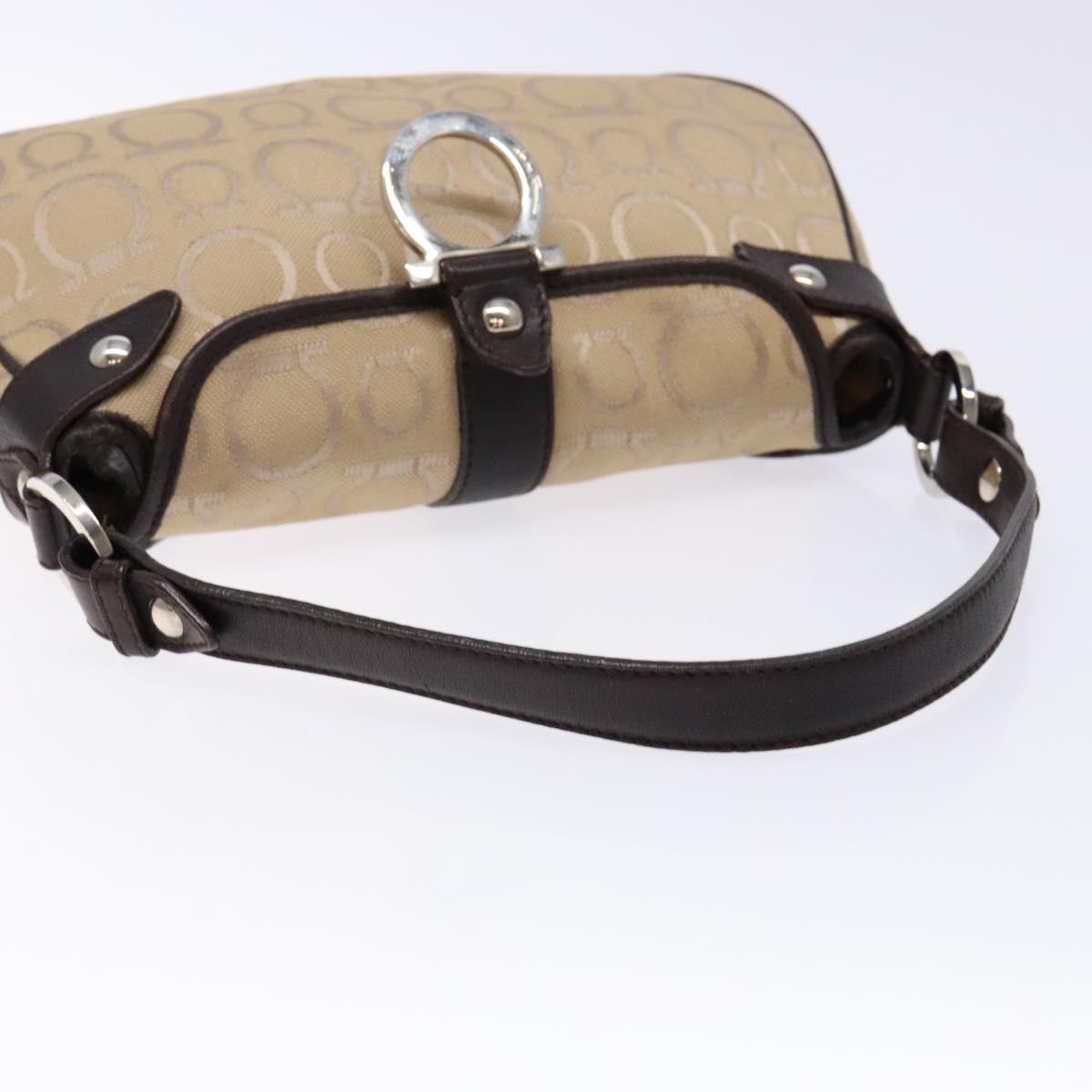 Salvatore Ferragamo Gancini Hand Bag Canvas Beige Silver Auth bs28514