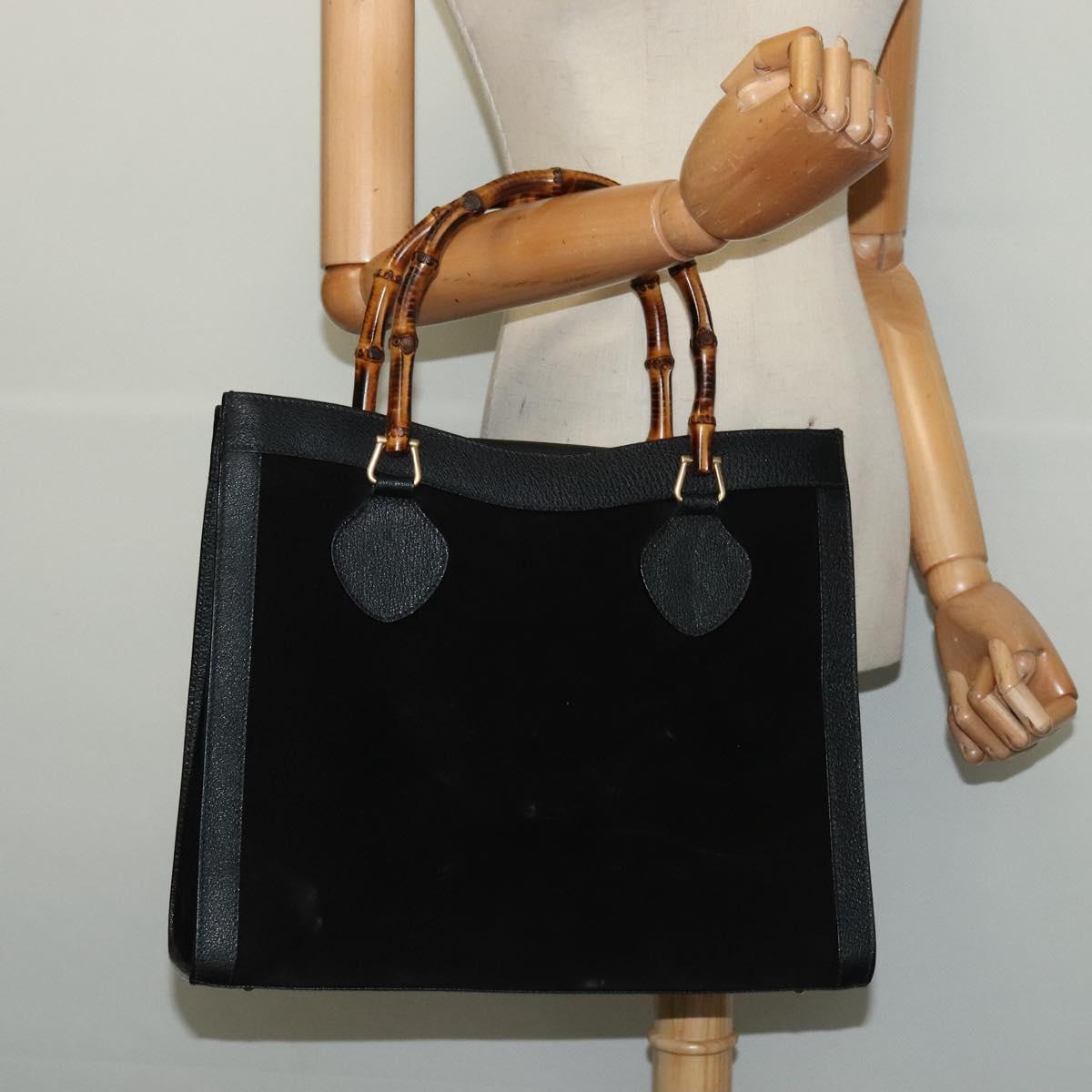 GUCCI Bamboo Hand Bag Suede Leather Black Gold 002 1186 0260 Auth bs28646