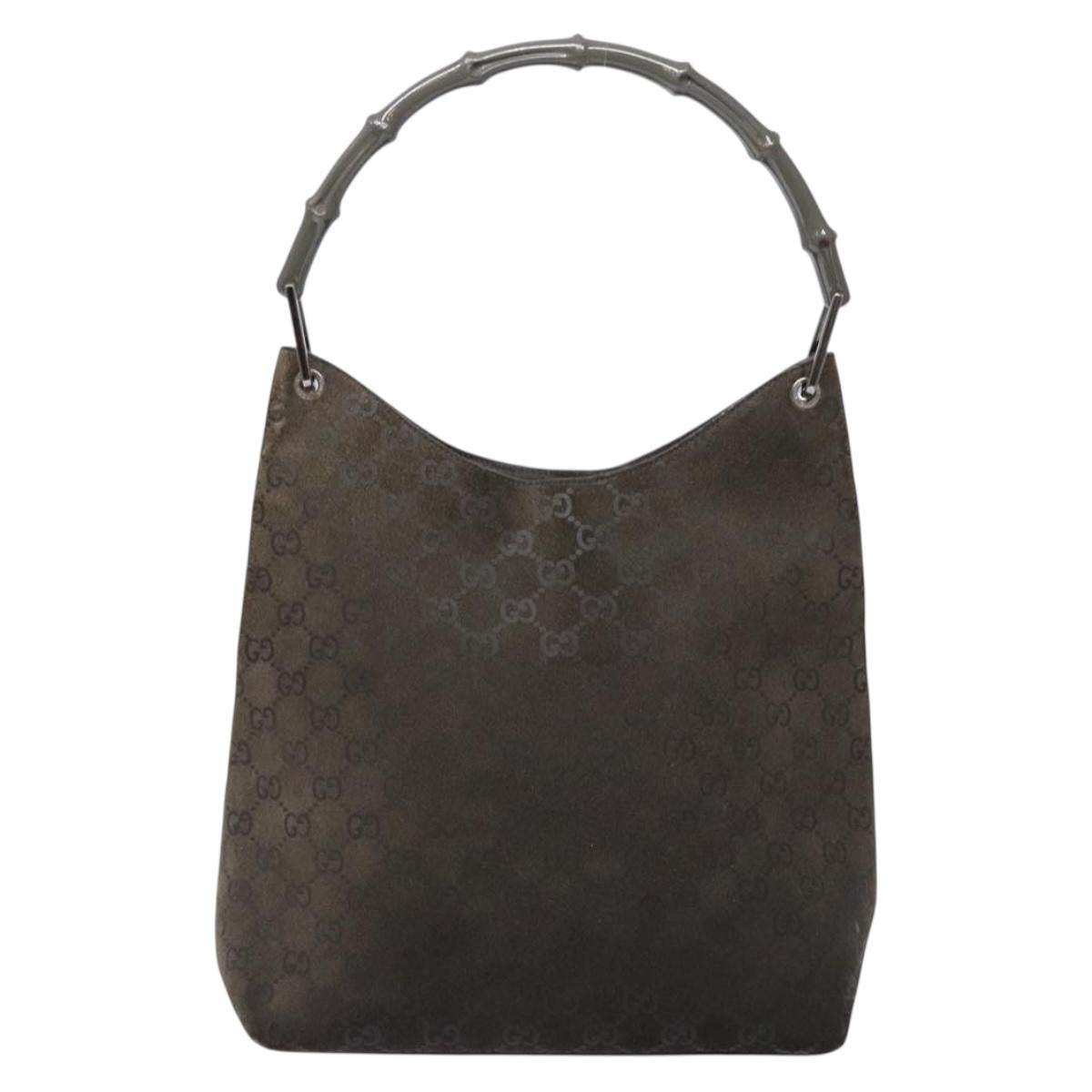 GUCCI GG Canvas Bamboo Shoulder Bag Suede Gray Silver 001 1705 3006 Auth bs28652