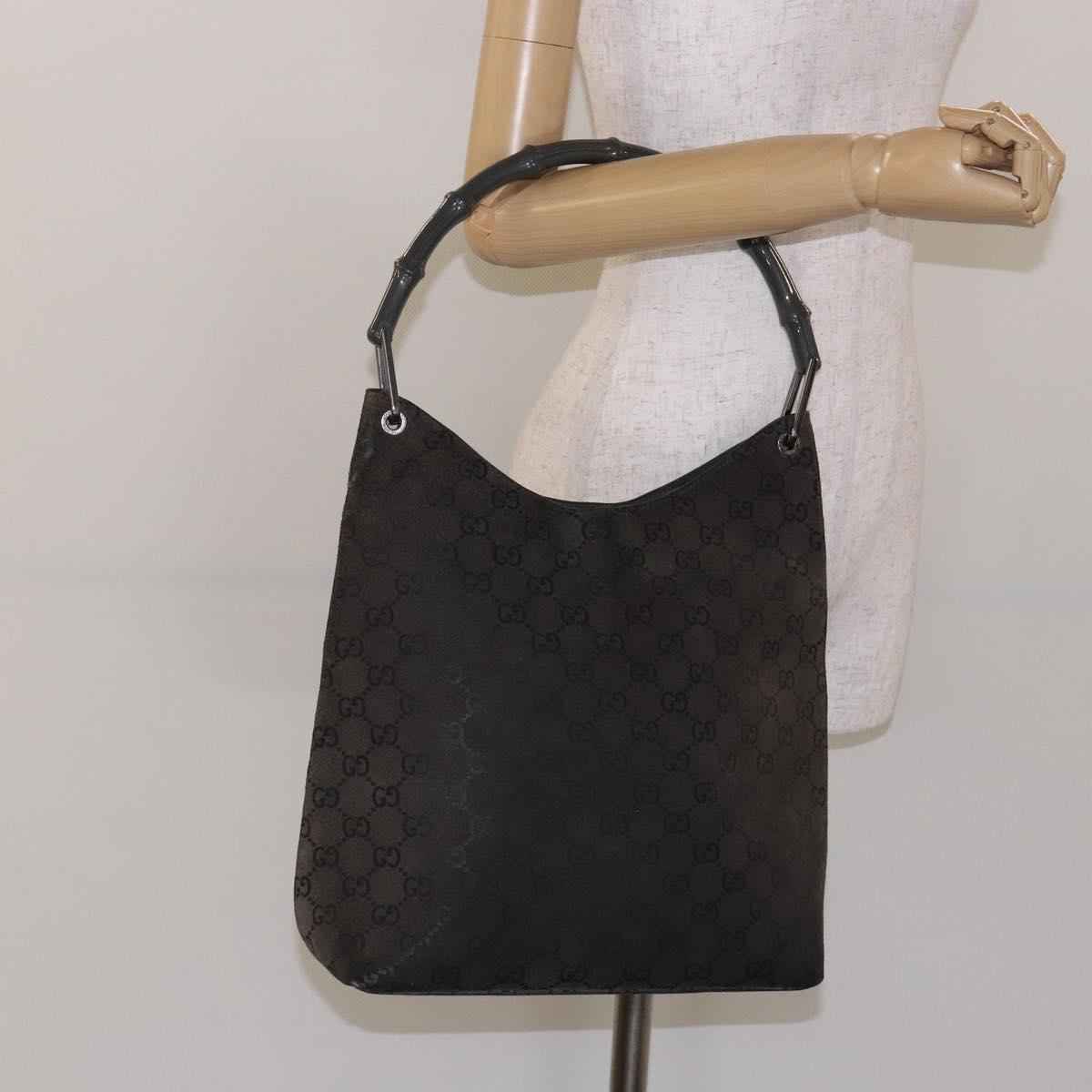 GUCCI GG Canvas Bamboo Shoulder Bag Suede Gray Silver 001 1705 3006 Auth bs28652
