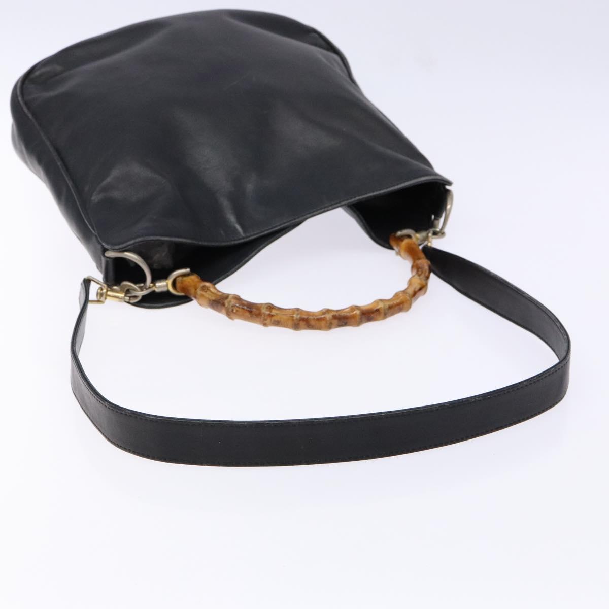 GUCCI Bamboo Hand Bag Leather 2way Black Gold 001 1781 1638 Auth bs28653