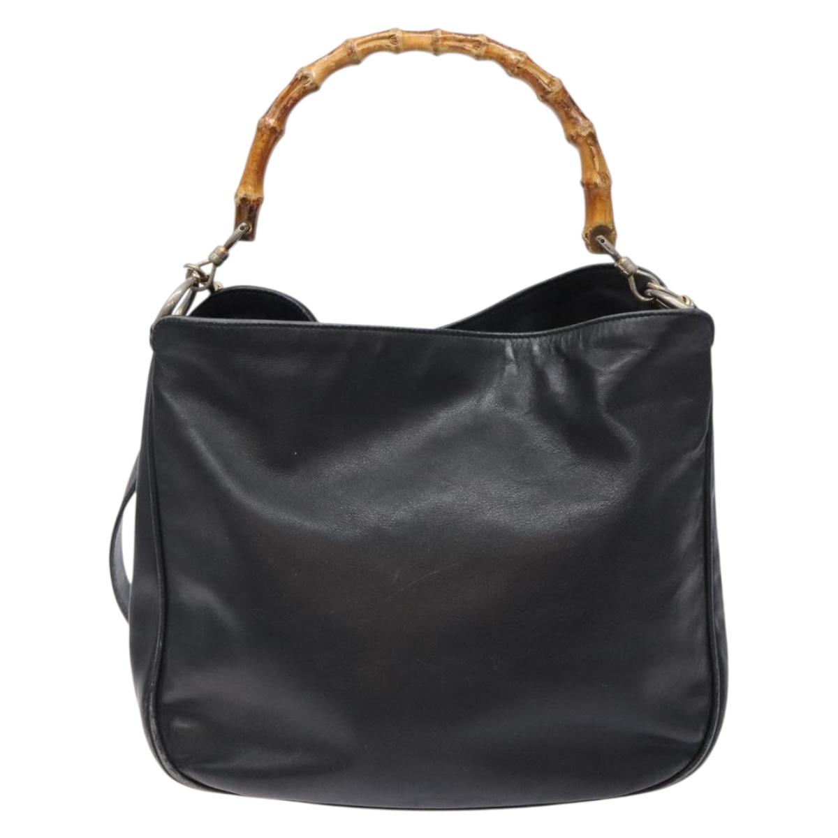 GUCCI Bamboo Hand Bag Leather 2way Black Gold 001 1781 1638 Auth bs28653