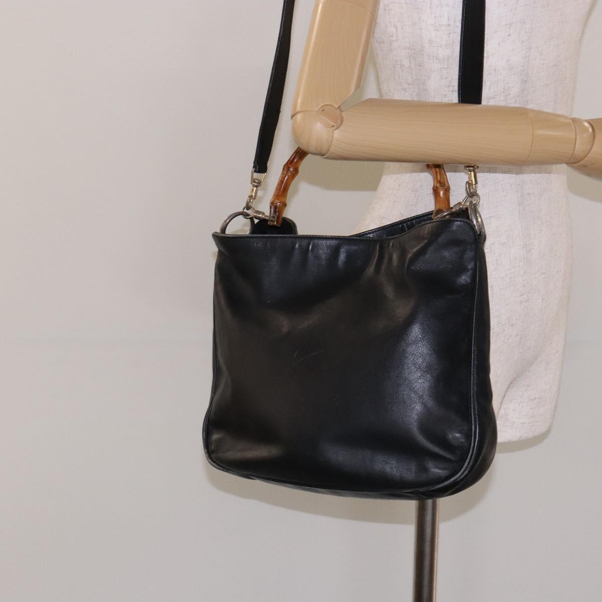 GUCCI Bamboo Hand Bag Leather 2way Black Gold 001 1781 1638 Auth bs28653