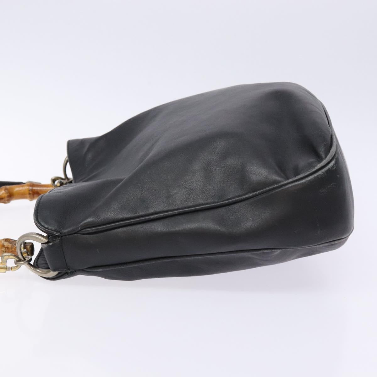 GUCCI Bamboo Hand Bag Leather 2way Black Gold 001 1781 1638 Auth bs28653