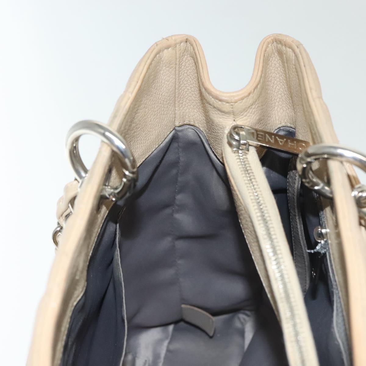 CHANEL Matelasse Chain Tote Bag Caviar Skin Beige Silver CC Auth bs28668