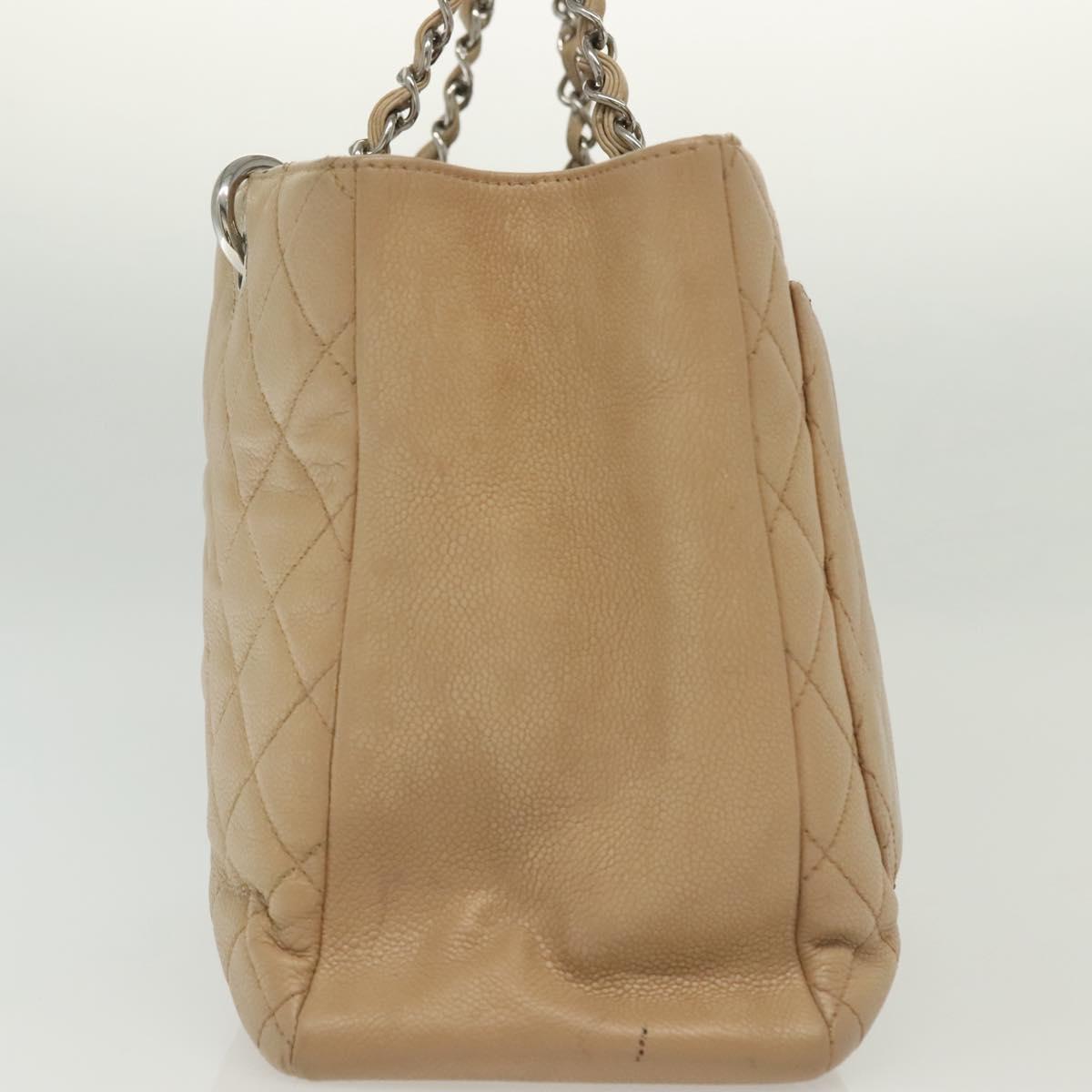 CHANEL Matelasse Chain Tote Bag Caviar Skin Beige Silver CC Auth bs28668