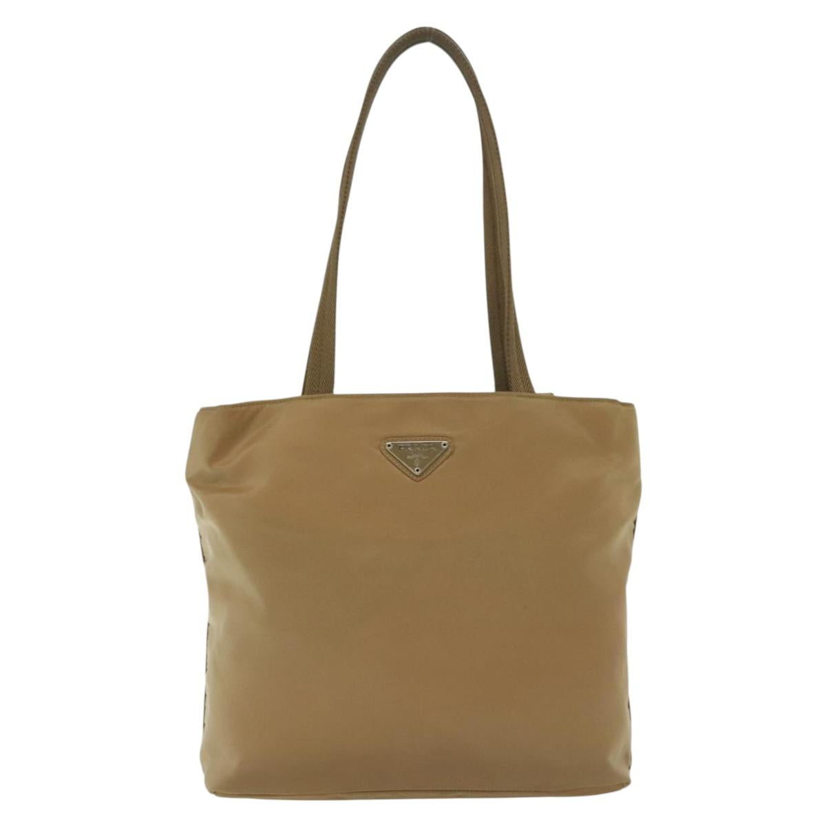 PRADA Tote Bag Nylon Beige Silver Auth bs28686