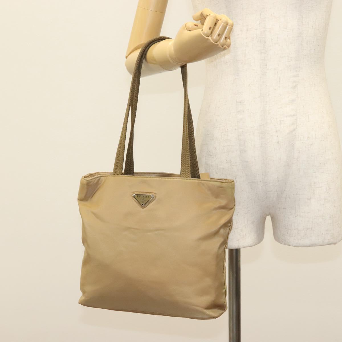 PRADA Tote Bag Nylon Beige Silver Auth bs28686
