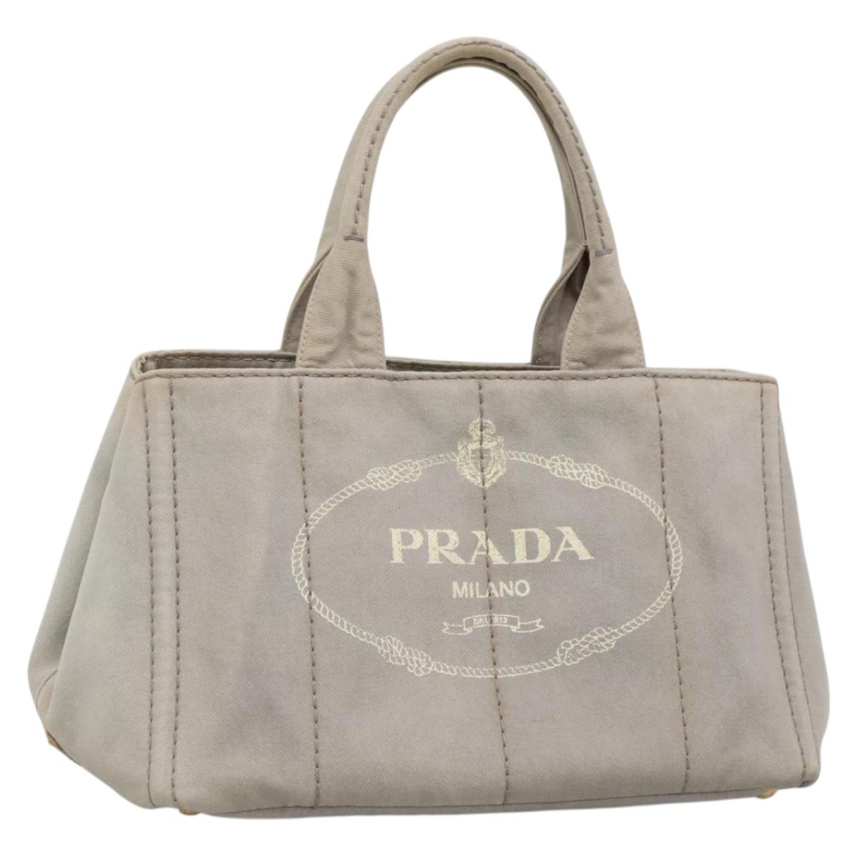 PRADA Canapa MM Hand Bag Canvas Gray Gold Auth bs28698