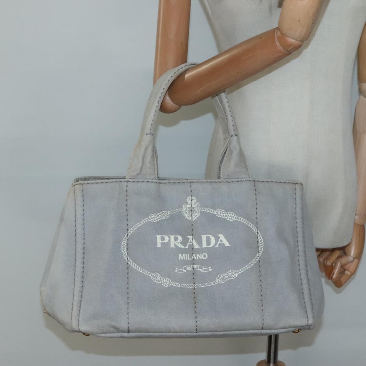 PRADA Canapa MM Hand Bag Canvas Gray Gold Auth bs28698