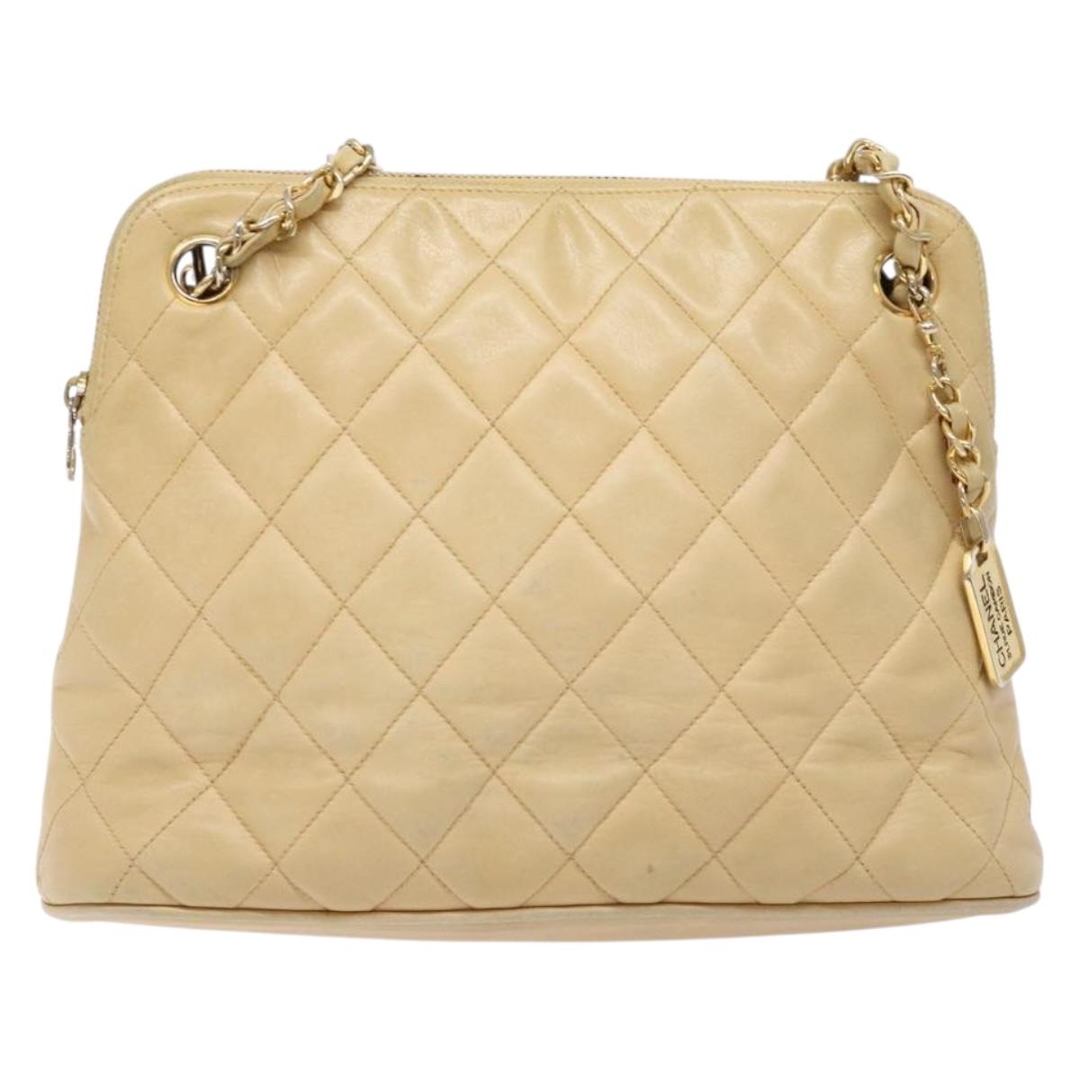 CHANEL Matelasse Chain Shoulder Bag Lamb Skin Beige Gold CC Auth bs28703