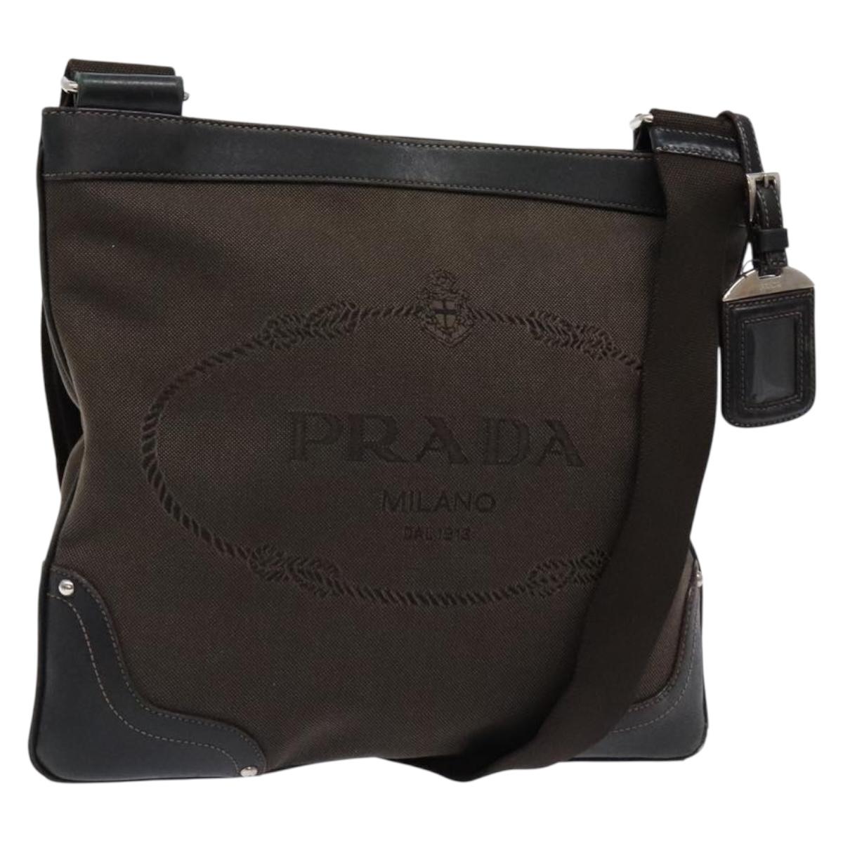PRADA Shoulder Bag Canvas Leather Brown Silver Auth bs28705
