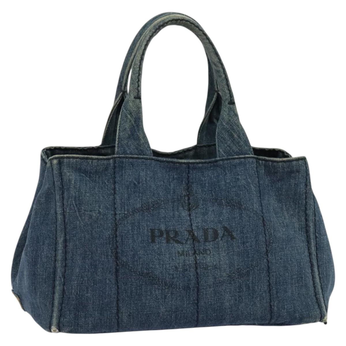 PRADA Canapa GM Hand Bag Denim Blue Gold Auth bs28707