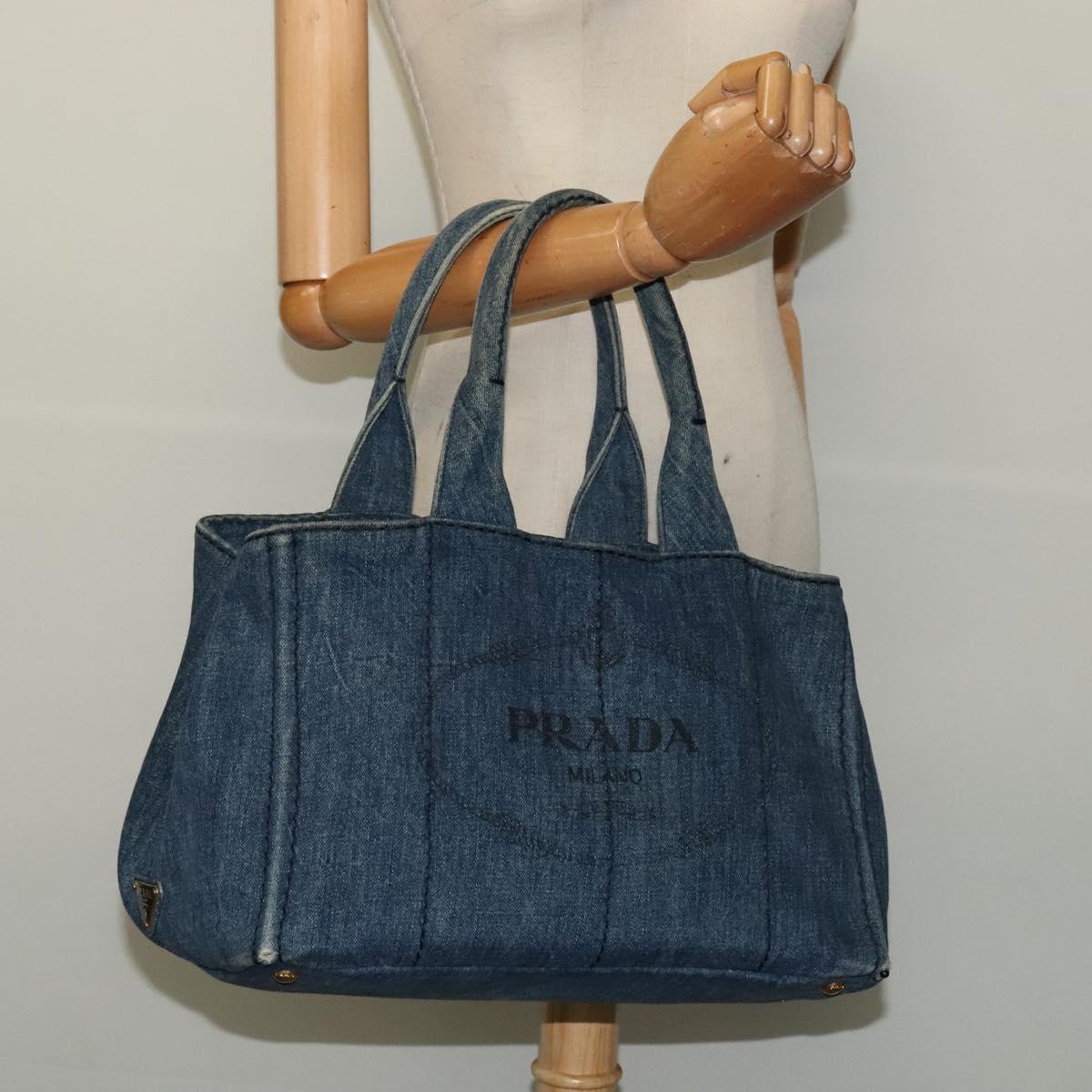 PRADA Canapa GM Hand Bag Denim Blue Gold Auth bs28707