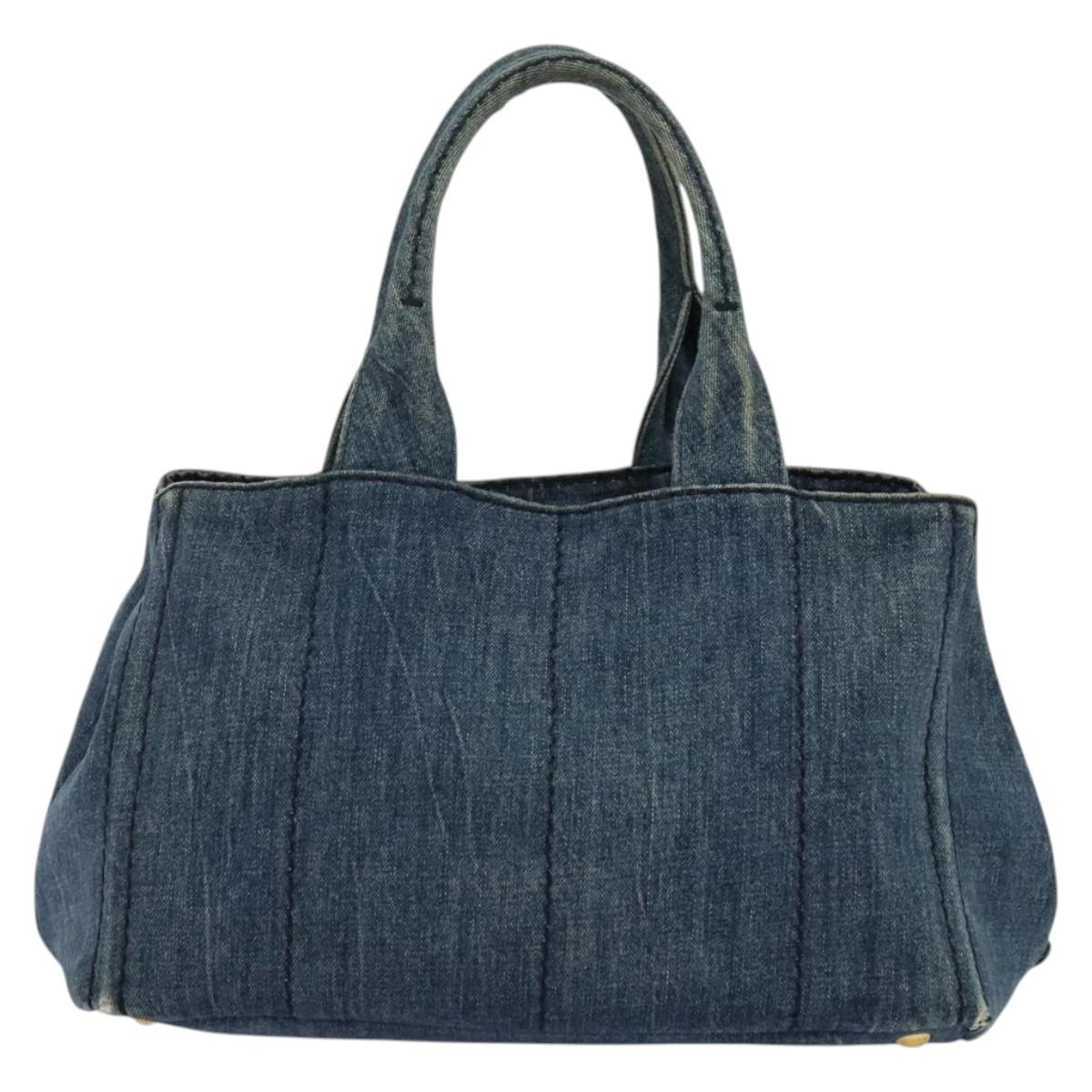 PRADA Canapa GM Hand Bag Denim Blue Gold Auth bs28707