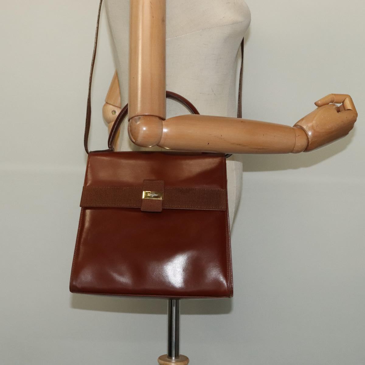 Salvatore Ferragamo Vala Hand Bag Leather 2way Brown Gold Auth bs28714