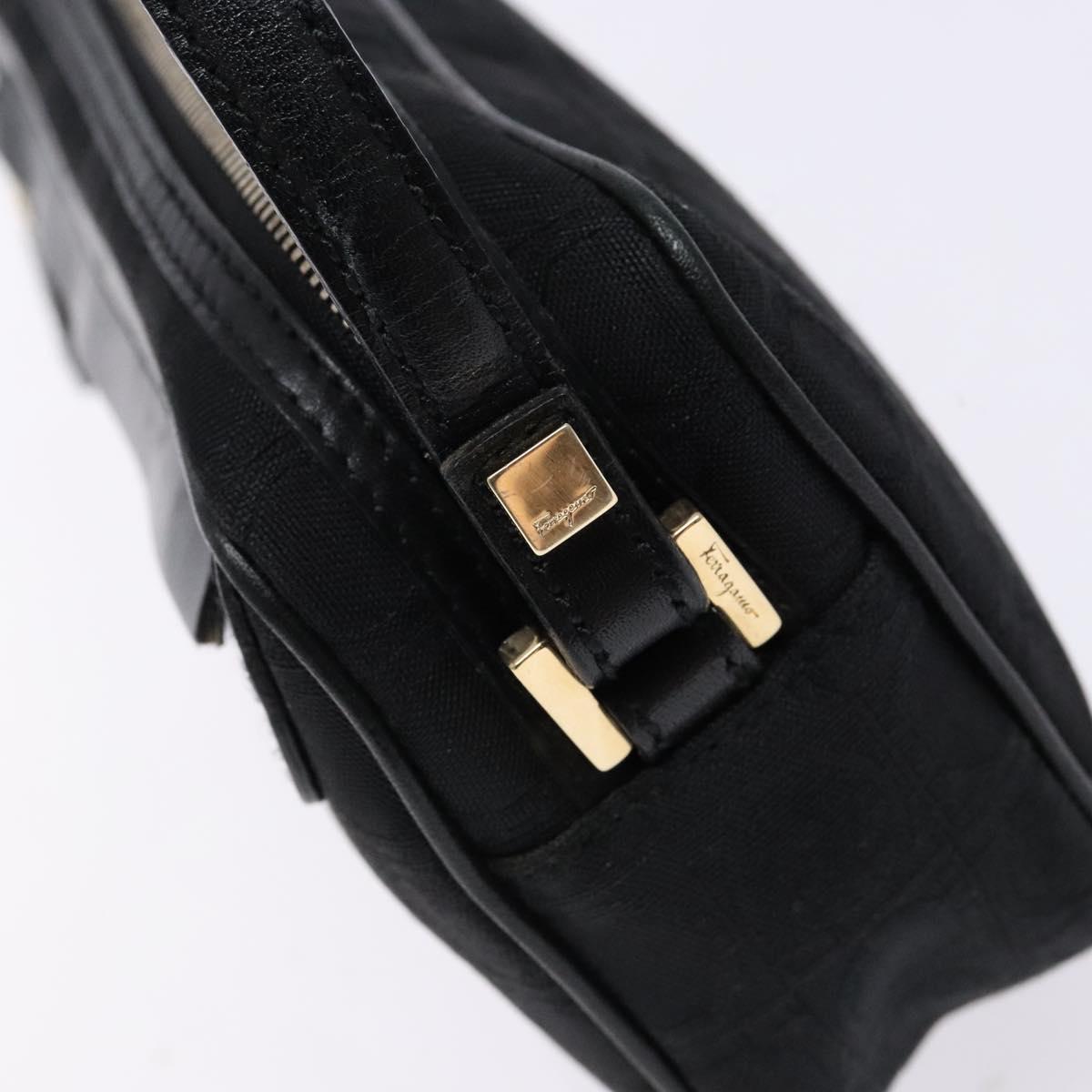 Salvatore Ferragamo Gancini Shoulder Bag Canvas Leather Black Gold Auth bs28715