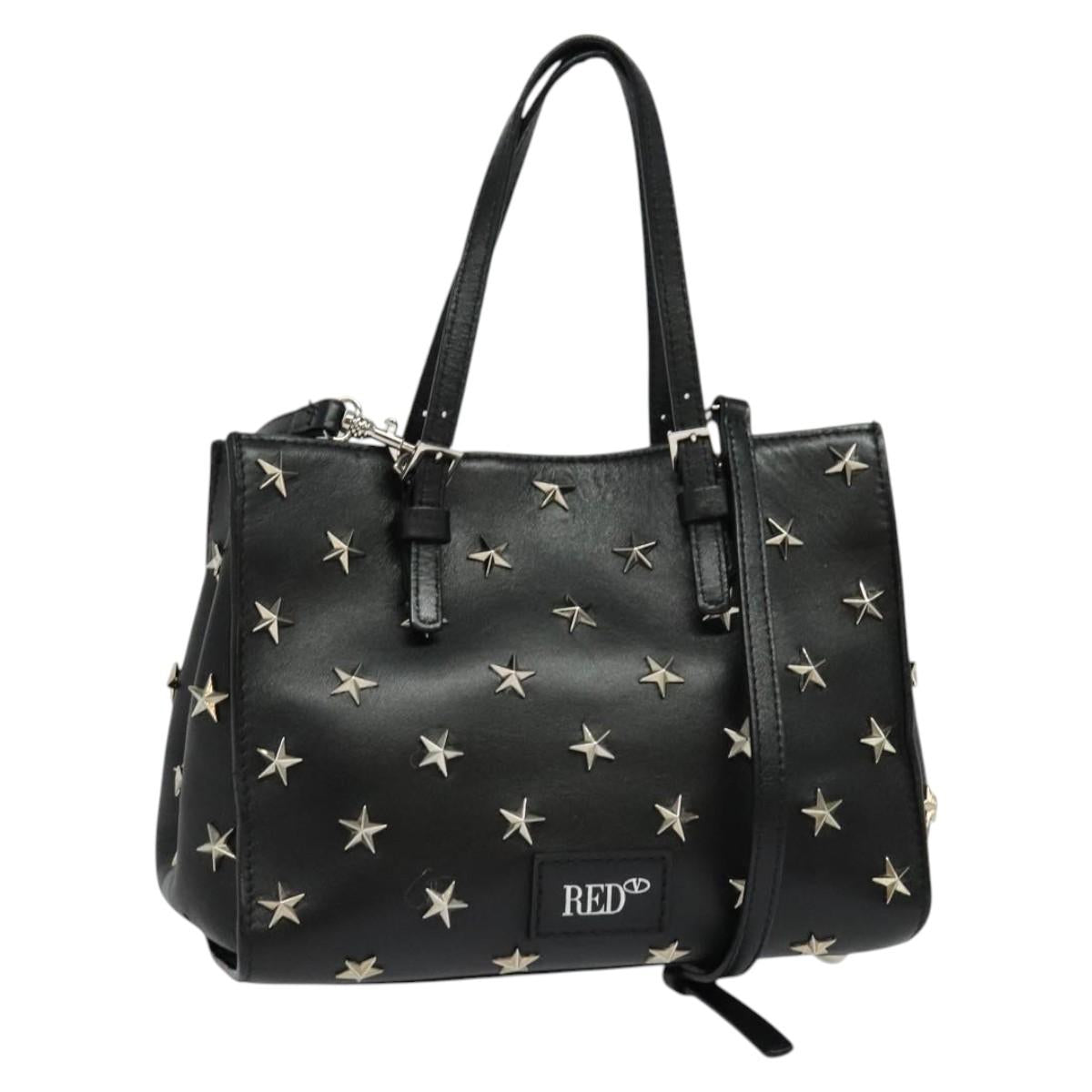 VALENTINO Studs Hand Bag Leather 2way Black Silver Auth bs28756