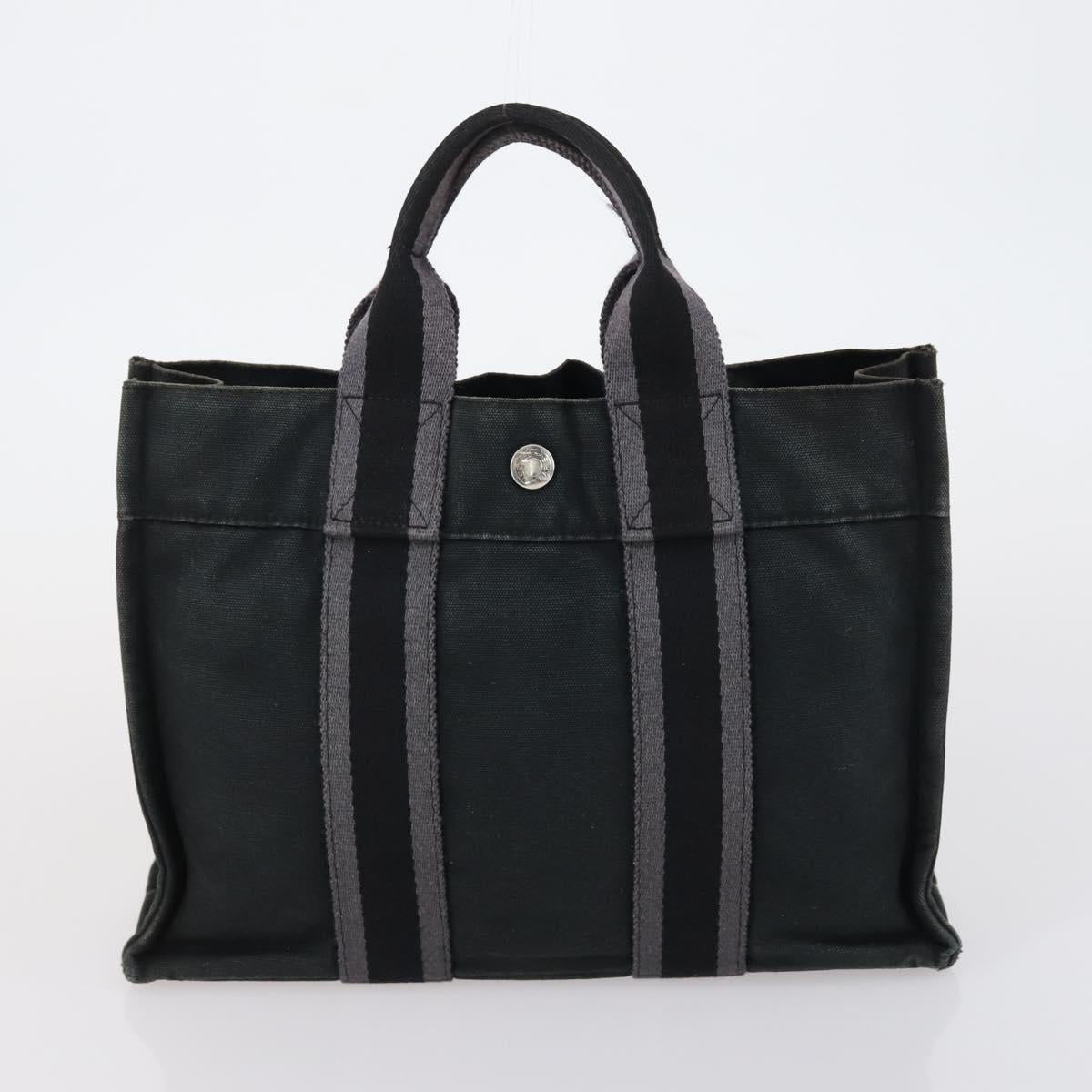 HERMES Tote Bag Canvas 2 Set Black Auth bs28801