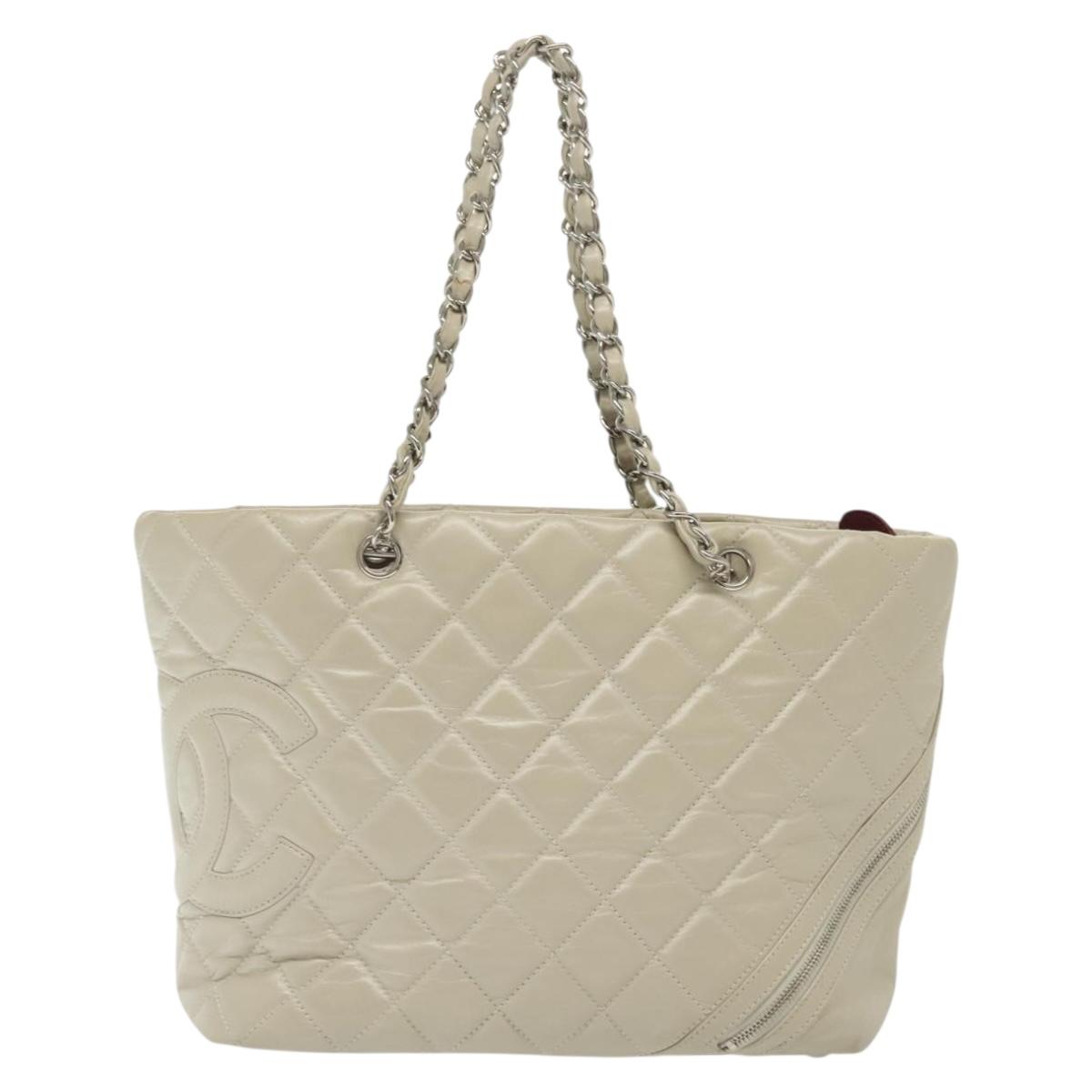 CHANEL Chain Cambon Line Cotton Club Bag Leather Beige Silver CC Auth bs28856