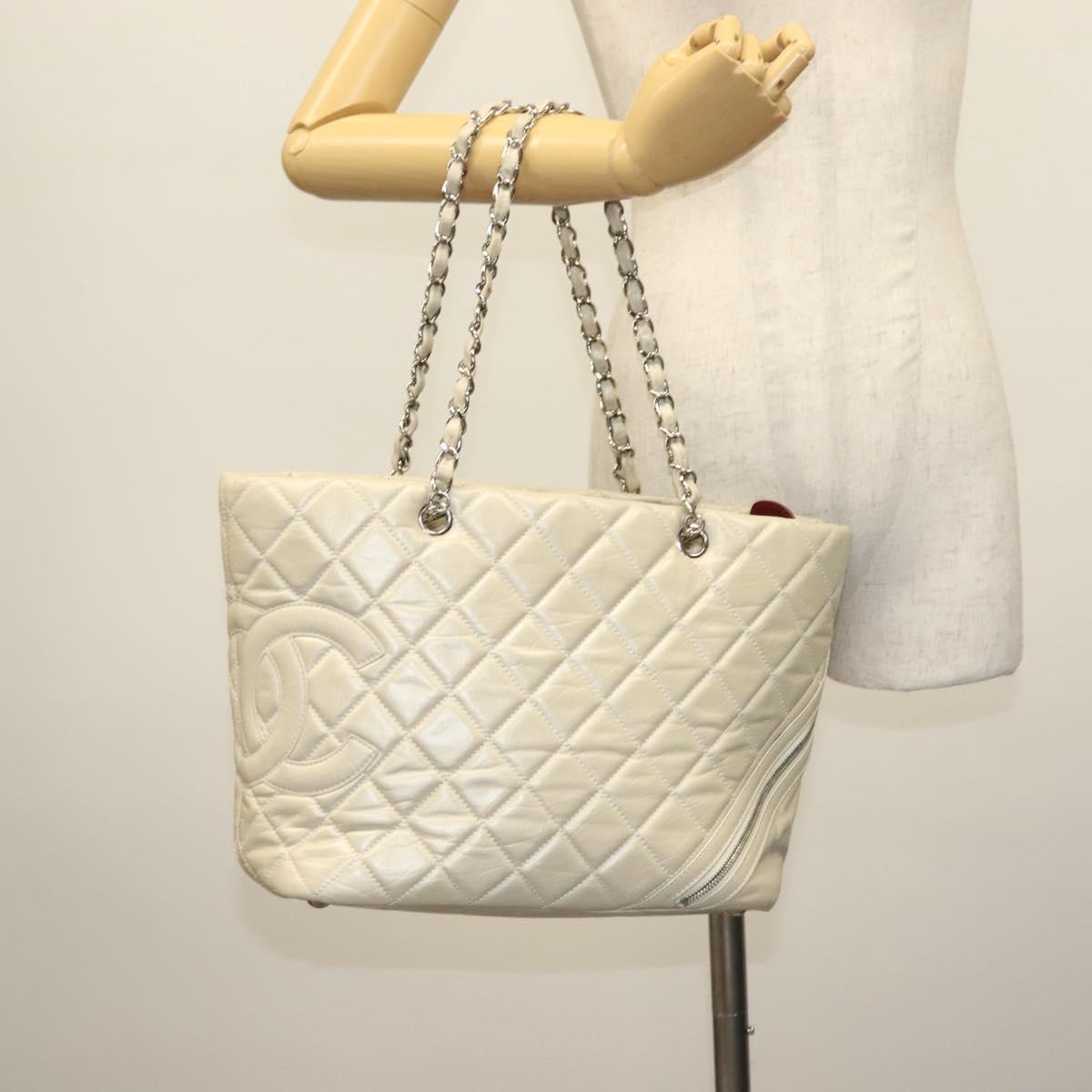 CHANEL Chain Cambon Line Cotton Club Bag Leather Beige Silver CC Auth bs28856