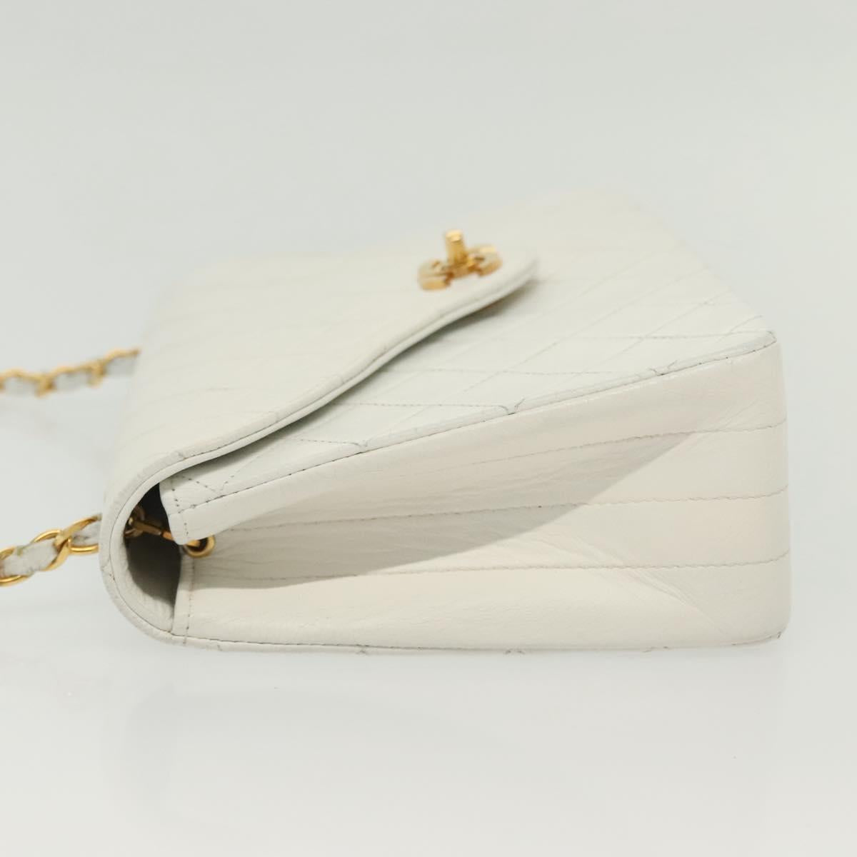 CHANEL Matelasse Chain Shoulder Bag Lamb Skin White Gold CC Auth bs28860