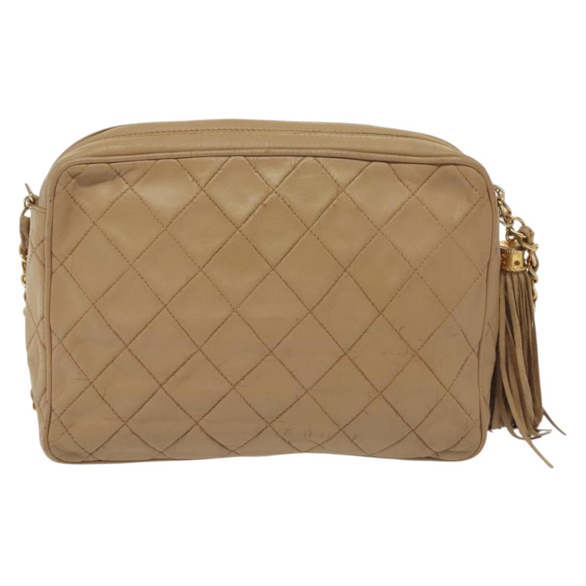 CHANEL Matelasse Chain Shoulder Bag Lamb Skin Beige Gold CC Auth bs28861