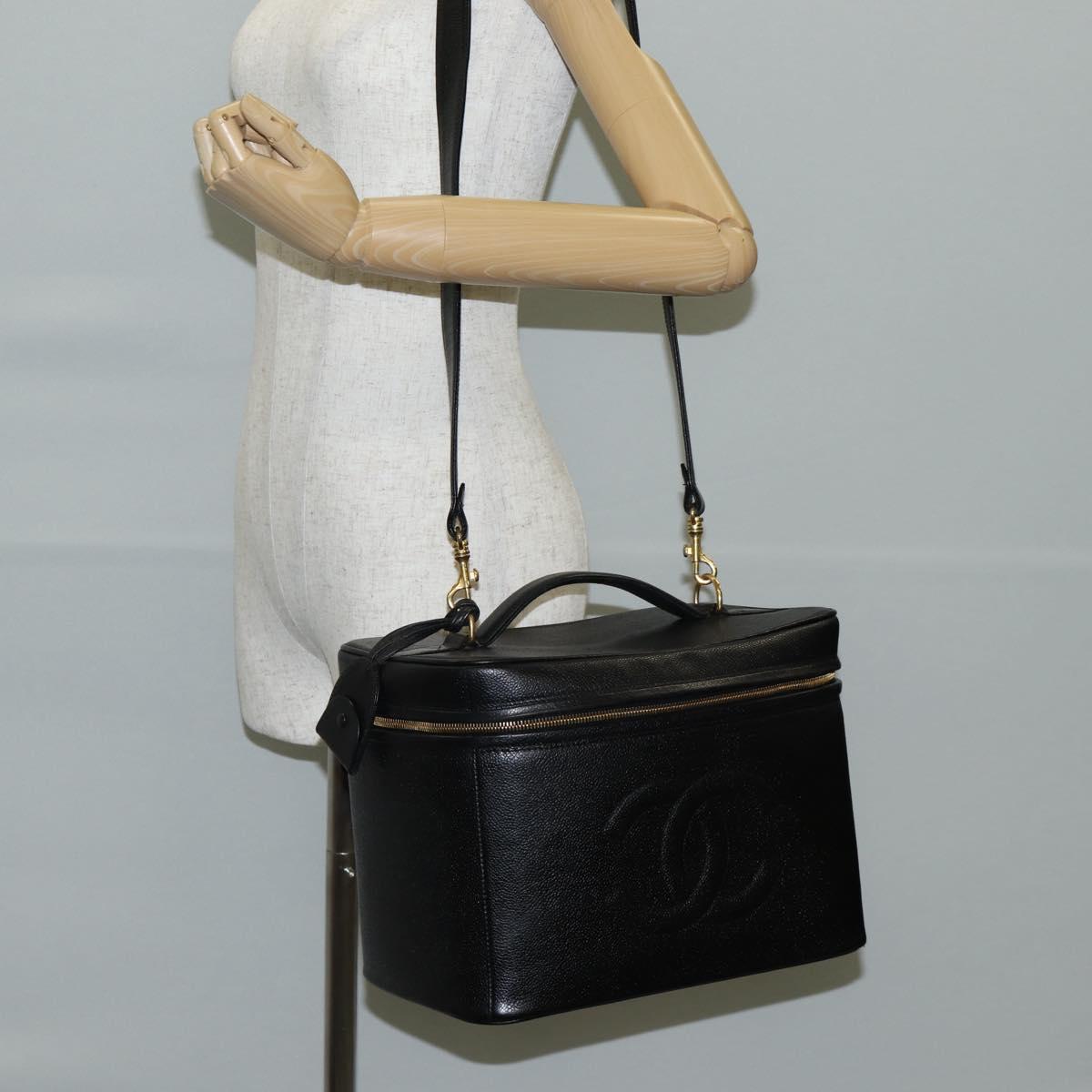 CHANEL Vanity Bag Caviar Skin 2way Black Gold CC Auth bs28866A